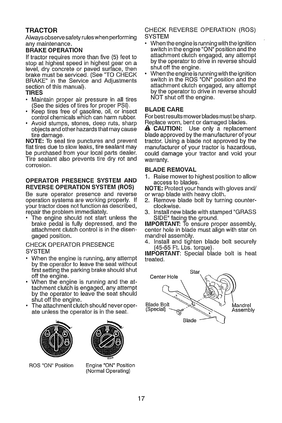 Tractor, Tires, Blade care | Blade removal | Craftsman 917.28914 User Manual | Page 17 / 64