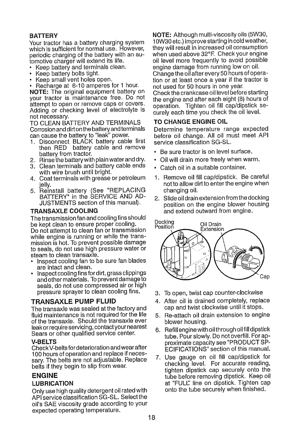 Battery, Transaxle cooling, Transaxle pump fluid | V-belts, Engine, Lubrication, To change engine oil | Craftsman 917.28914 User Manual | Page 18 / 64