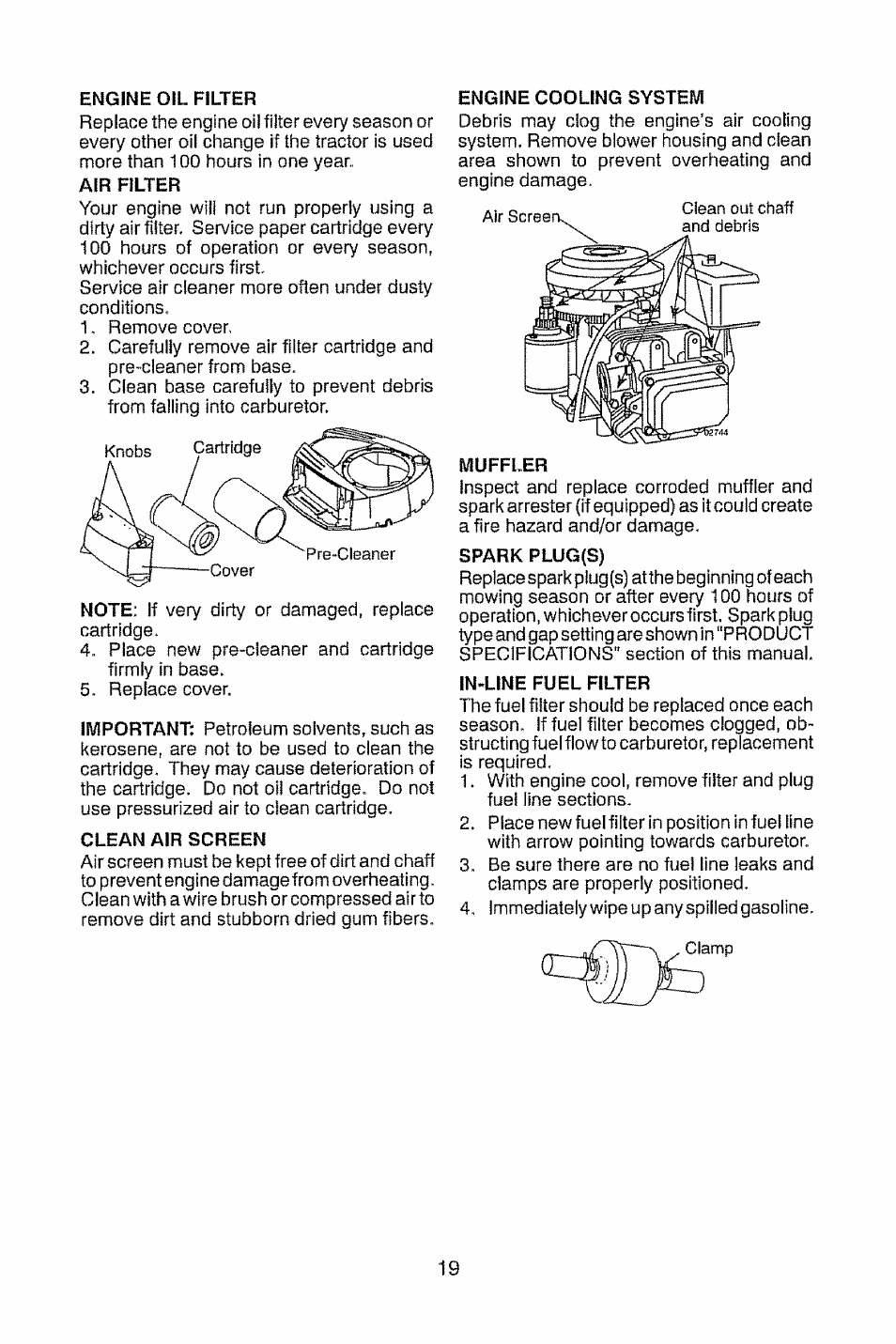 Engine oil filter, Air filter, Engine cooling system | Clean air screen, Muffler, Spark plug(s), In-line fuel filter | Craftsman 917.28914 User Manual | Page 19 / 64