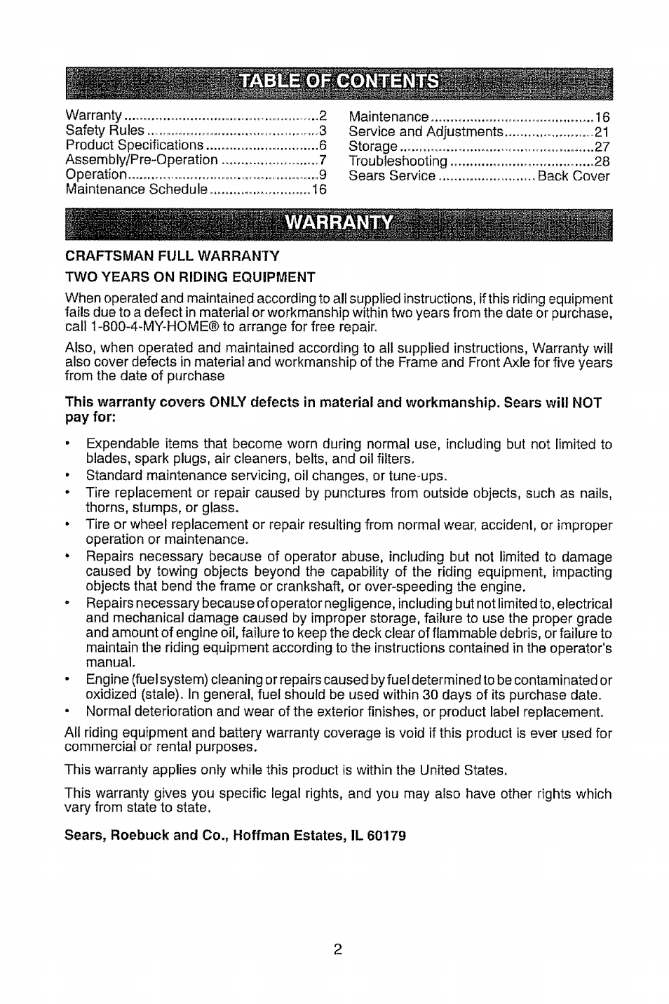 Warran, Sears, roebuck and co., hoffman estates, il 60179 | Craftsman 917.28914 User Manual | Page 2 / 64