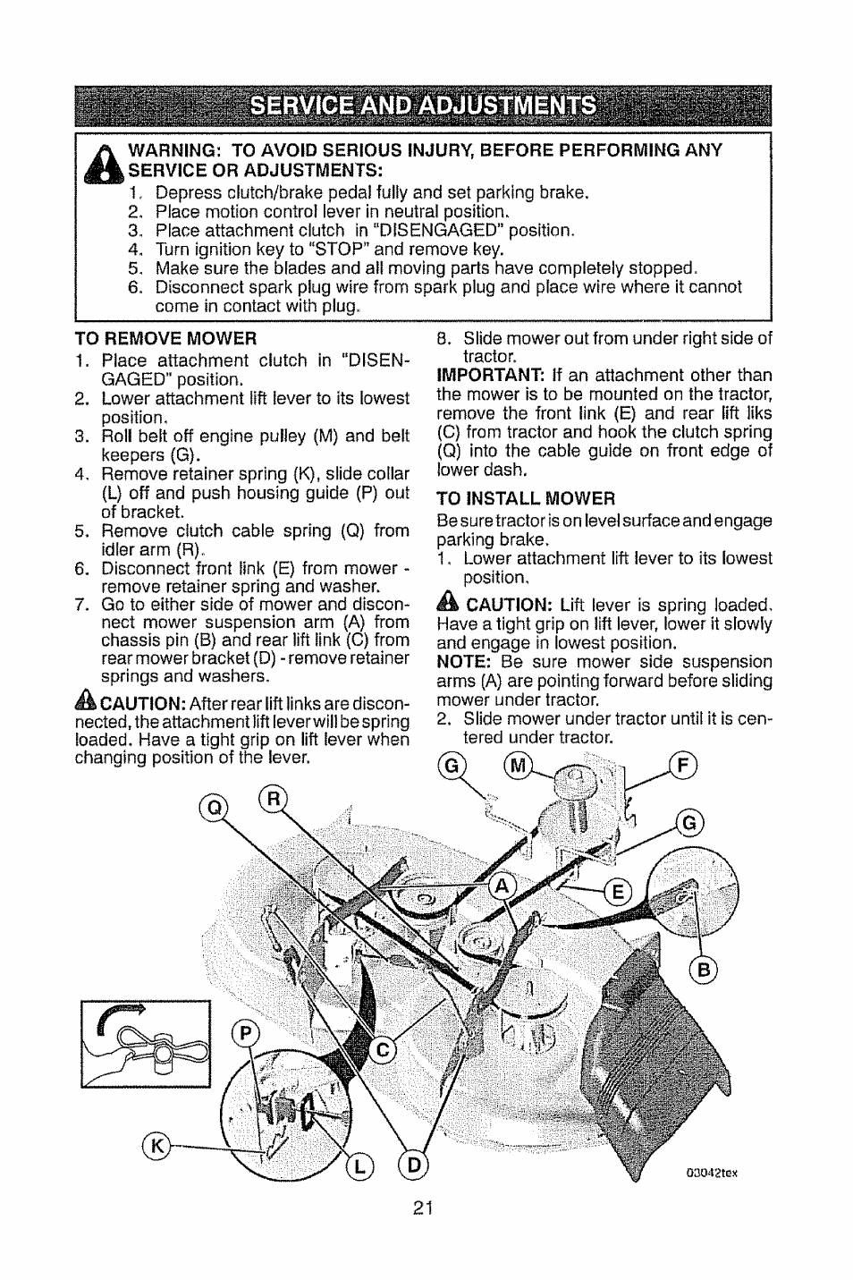 To remove mower, To install mower | Craftsman 917.28914 User Manual | Page 21 / 64