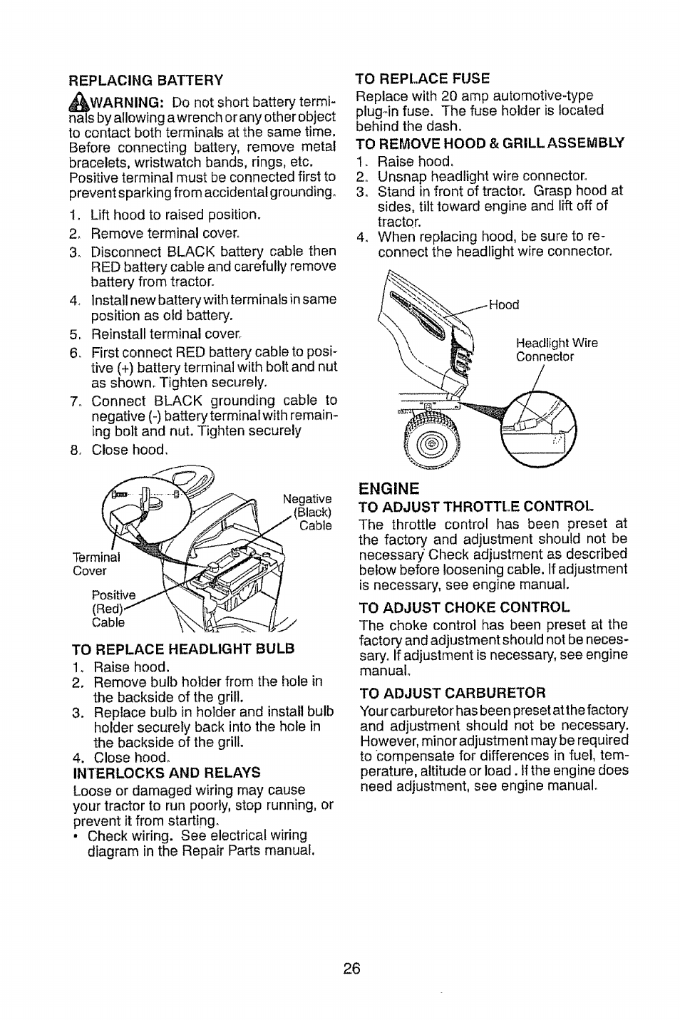 Replacing battery, To replace headlight bulb, To replace fuse | To remove hood & grill assembly, Engine, To adjust throttle control, To adjust choke control, To adjust carburetor | Craftsman 917.28914 User Manual | Page 26 / 64