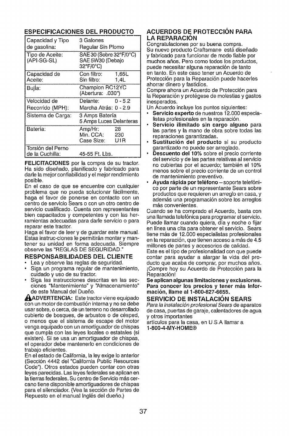 Responsabilidades del cliente, Acuerdos de proteccion para la reparación, Servicio de instalación sears | Craftsman 917.28914 User Manual | Page 37 / 64