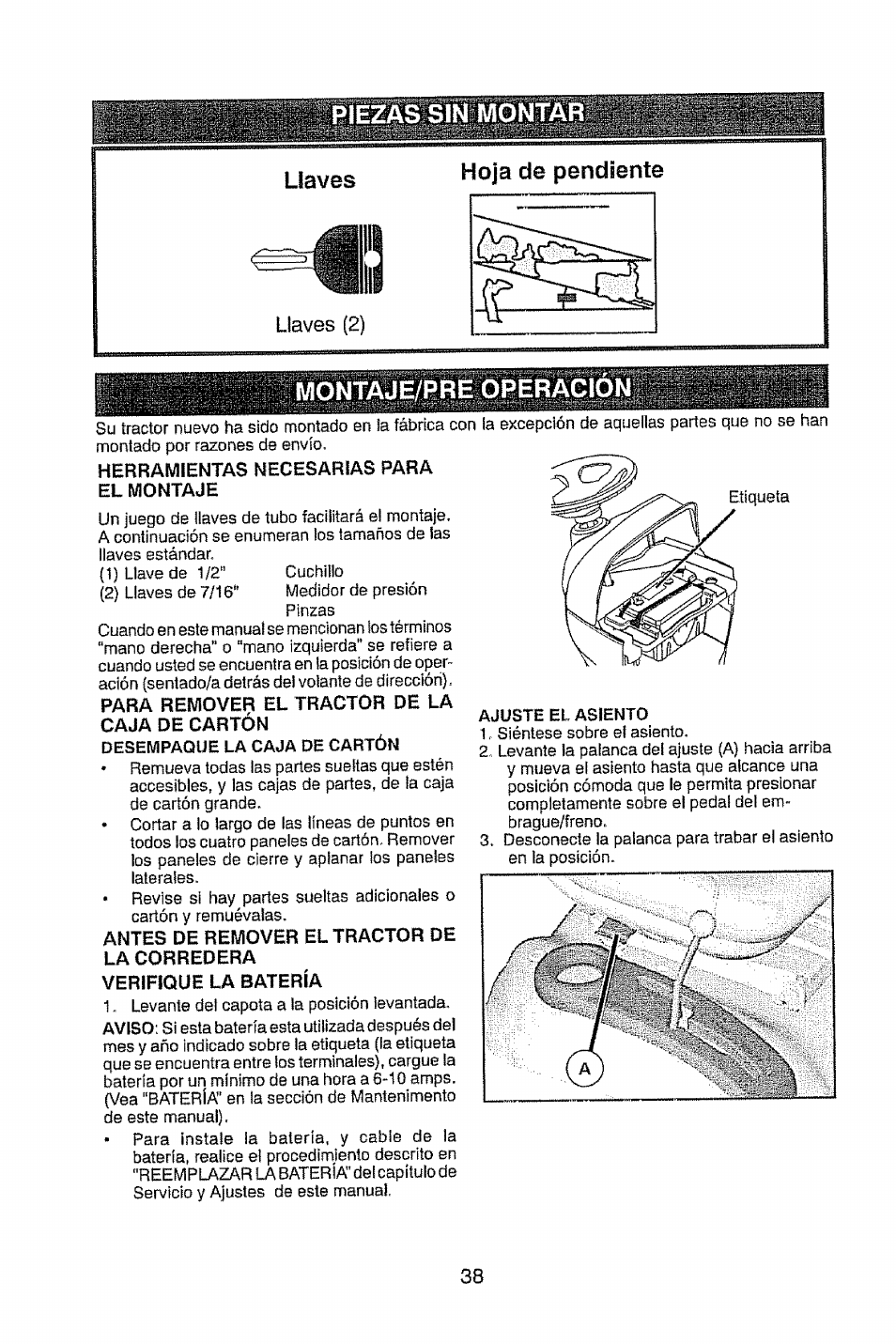 Montaje/pre operacion, Herramientas necesarias para el montaje, Llaves | Hoja de pendiente | Craftsman 917.28914 User Manual | Page 38 / 64