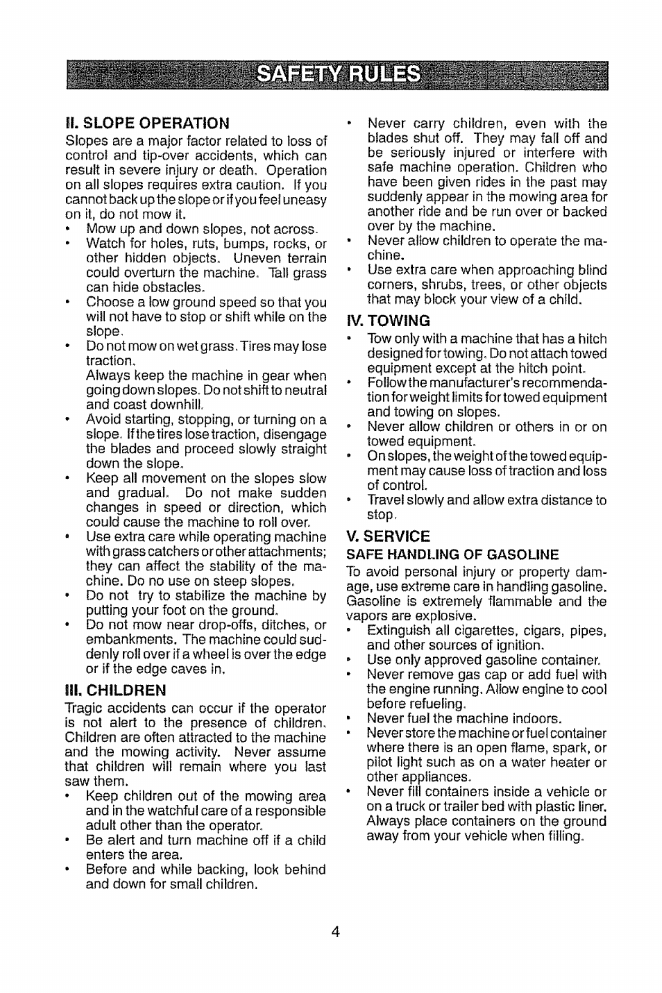 Ii. slope operation, Iii. children, Iv. towing | V. service | Craftsman 917.28914 User Manual | Page 4 / 64