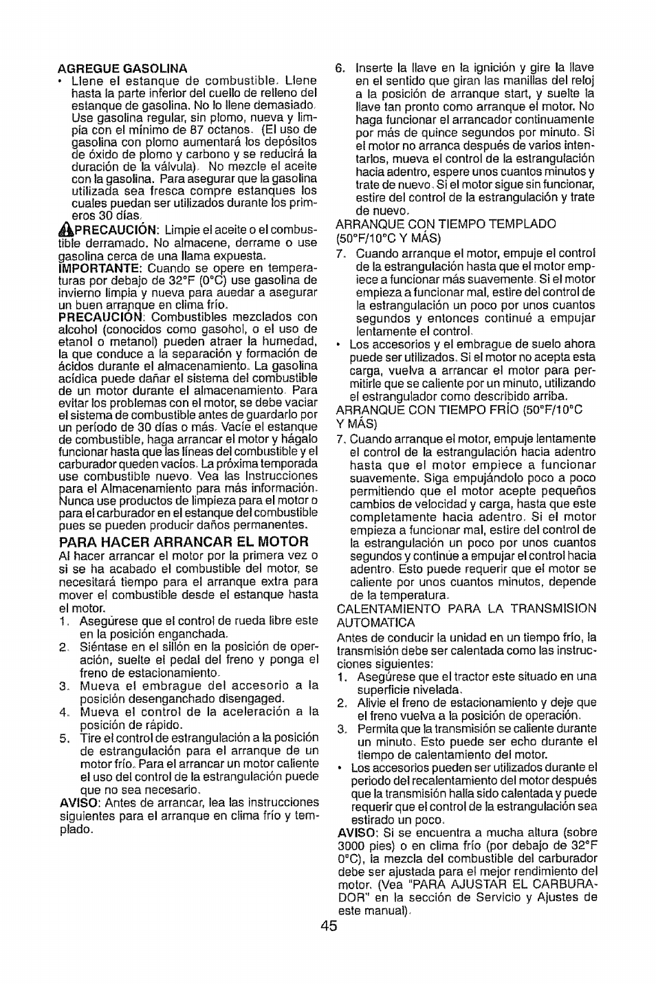 Para hacer arrancar el motor | Craftsman 917.28914 User Manual | Page 45 / 64