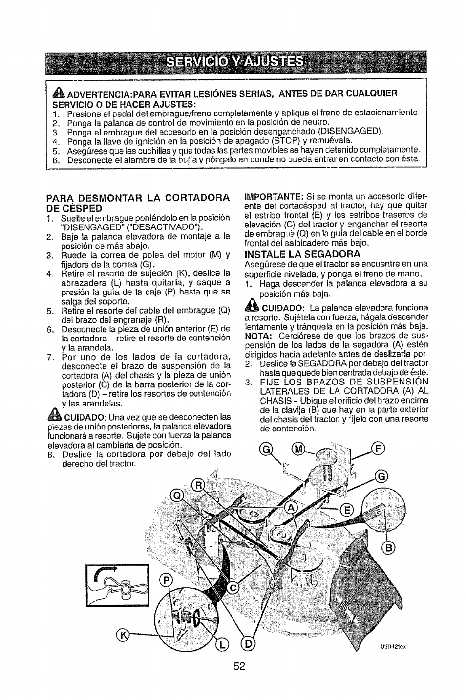 Para desmontar de césped, Instale la segadora | Craftsman 917.28914 User Manual | Page 52 / 64