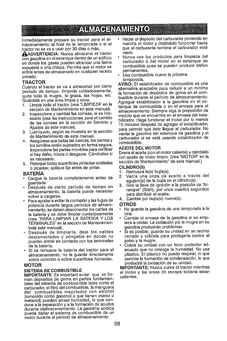 Tractor, Batería, Motor | Otros | Craftsman 917.28914 User Manual | Page 58 / 64