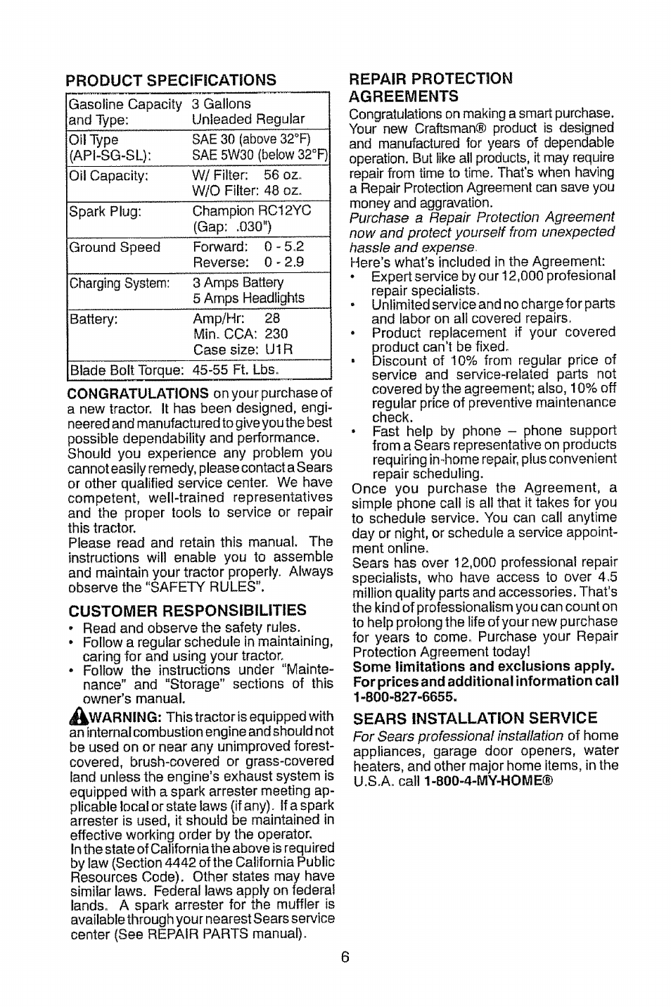 Customer responsibilities, Repair protection agreements, Sears installation service | Craftsman 917.28914 User Manual | Page 6 / 64