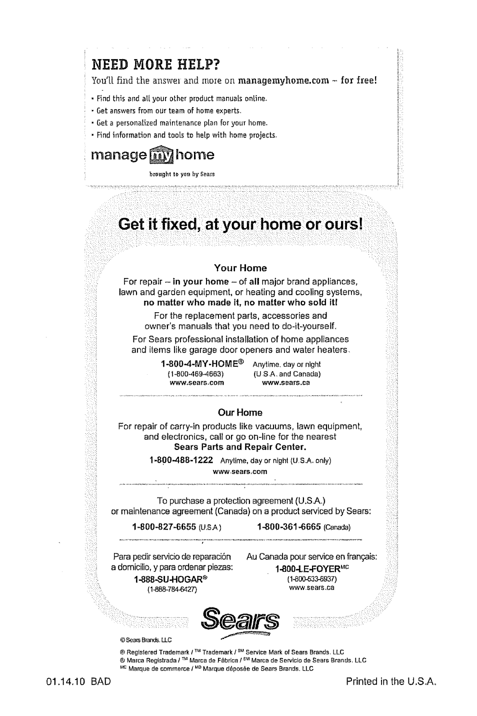 Your home, Our home, Need more help | Manage 63^ home, Get it fixed, at your home or ours | Craftsman 917.28914 User Manual | Page 64 / 64