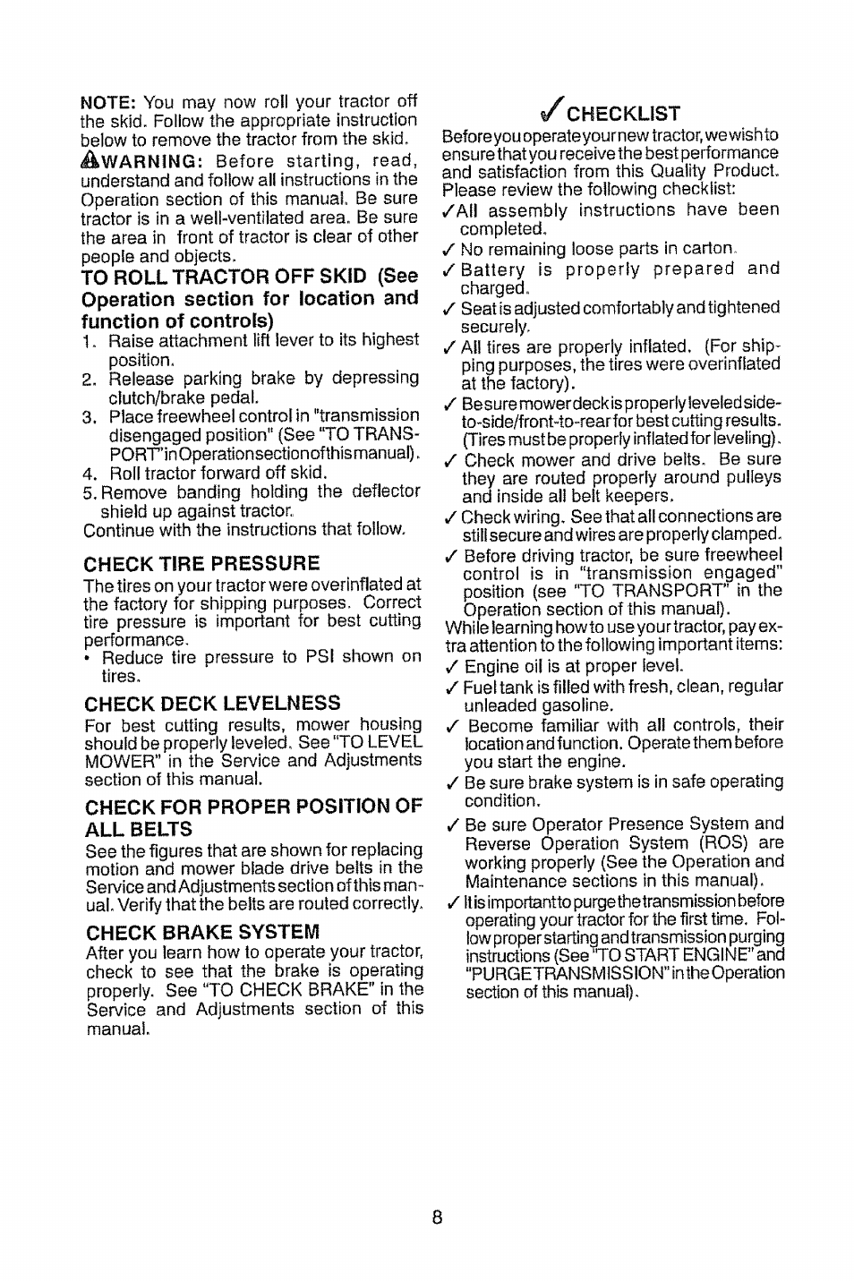 Check tire pressure, Check deck levelness, Check for proper position of all belts | Check brake system, Checklist | Craftsman 917.28914 User Manual | Page 8 / 64