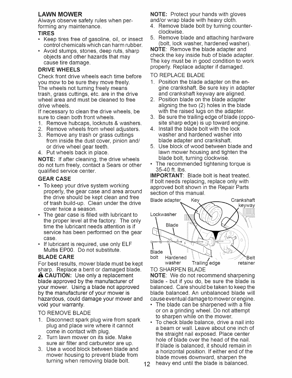 Drive wheels, Gear case, Blade care | Craftsman 917.375013 User Manual | Page 12 / 48