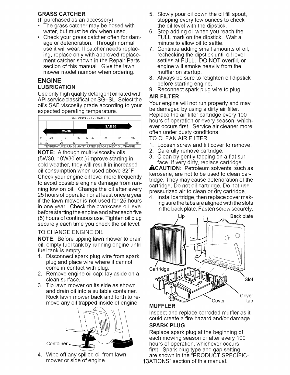 Engine, Lubrication, Air filter | Craftsman 917.375013 User Manual | Page 13 / 48