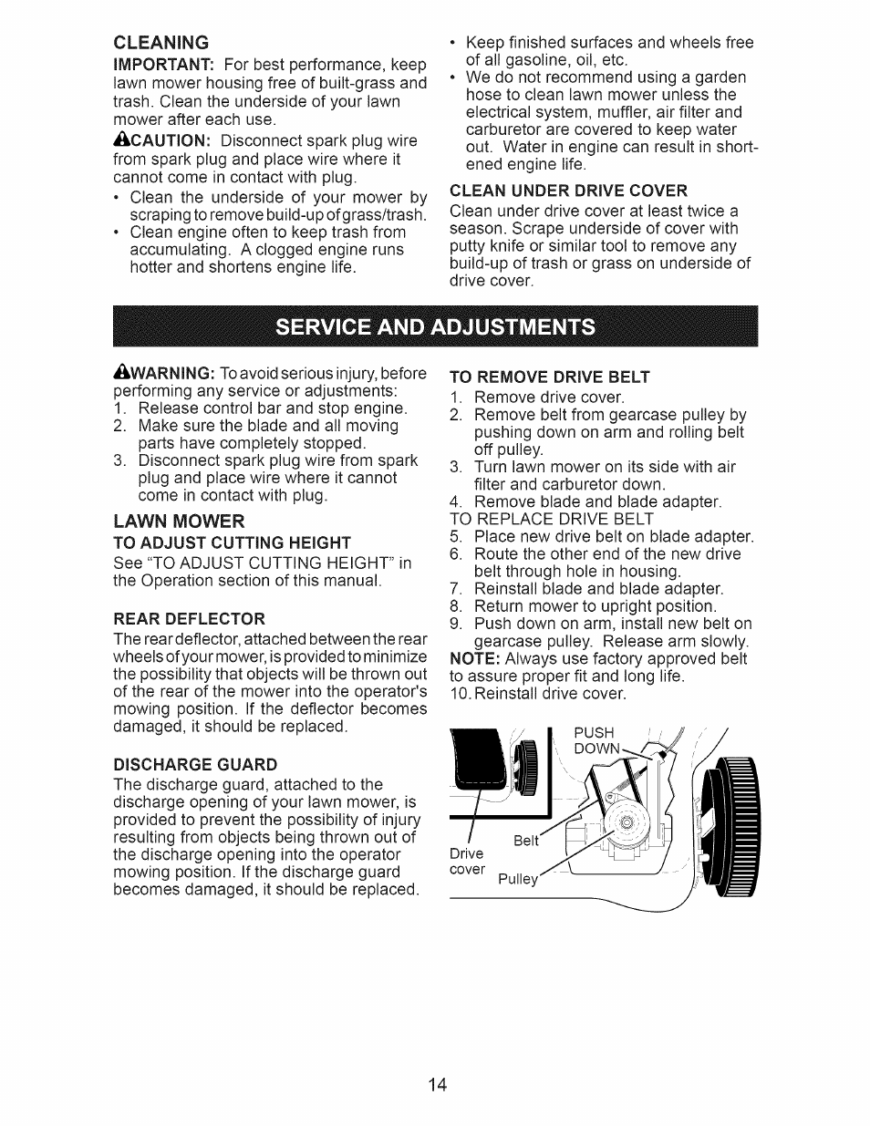 Clean under drive cover, Service and adjustments, Lawn mower to adjust cutting height | Rear deflector, Discharge guard, To remove drive belt, Service and adjustments -16 | Craftsman 917.375013 User Manual | Page 14 / 48