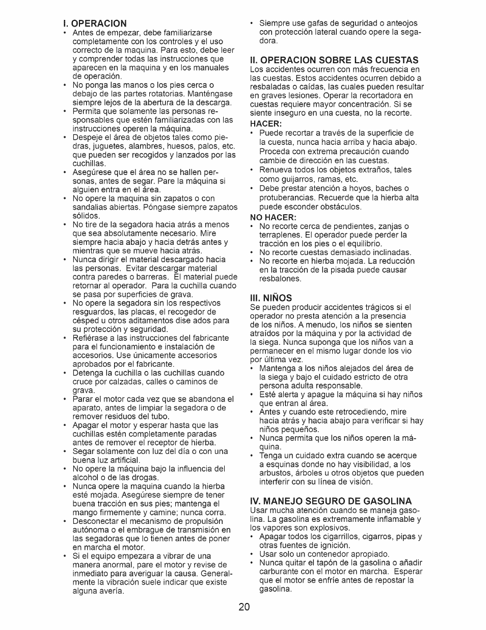 Ii. operacion sobre las cuestas, Iii. niños, Iv. manejo seguro de gasolina | Craftsman 917.375013 User Manual | Page 20 / 48