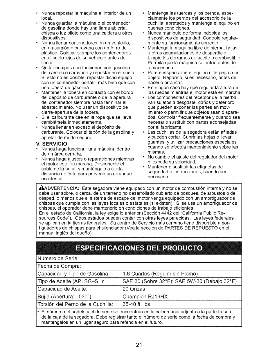 Servicio, Especificaciones del producto | Craftsman 917.375013 User Manual | Page 21 / 48