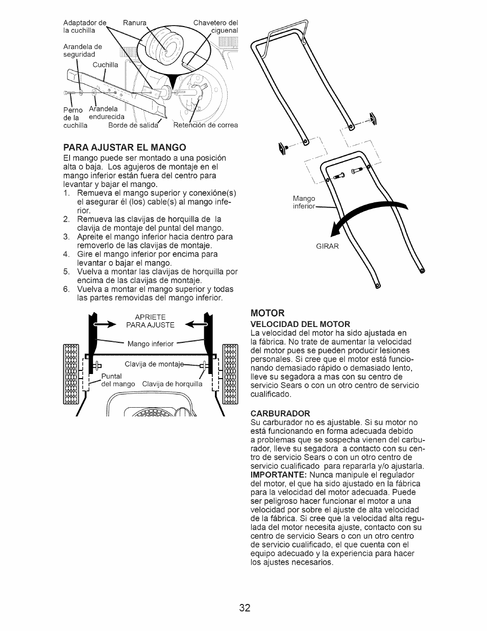 Para ajustar el mango, Motor | Craftsman 917.375013 User Manual | Page 32 / 48