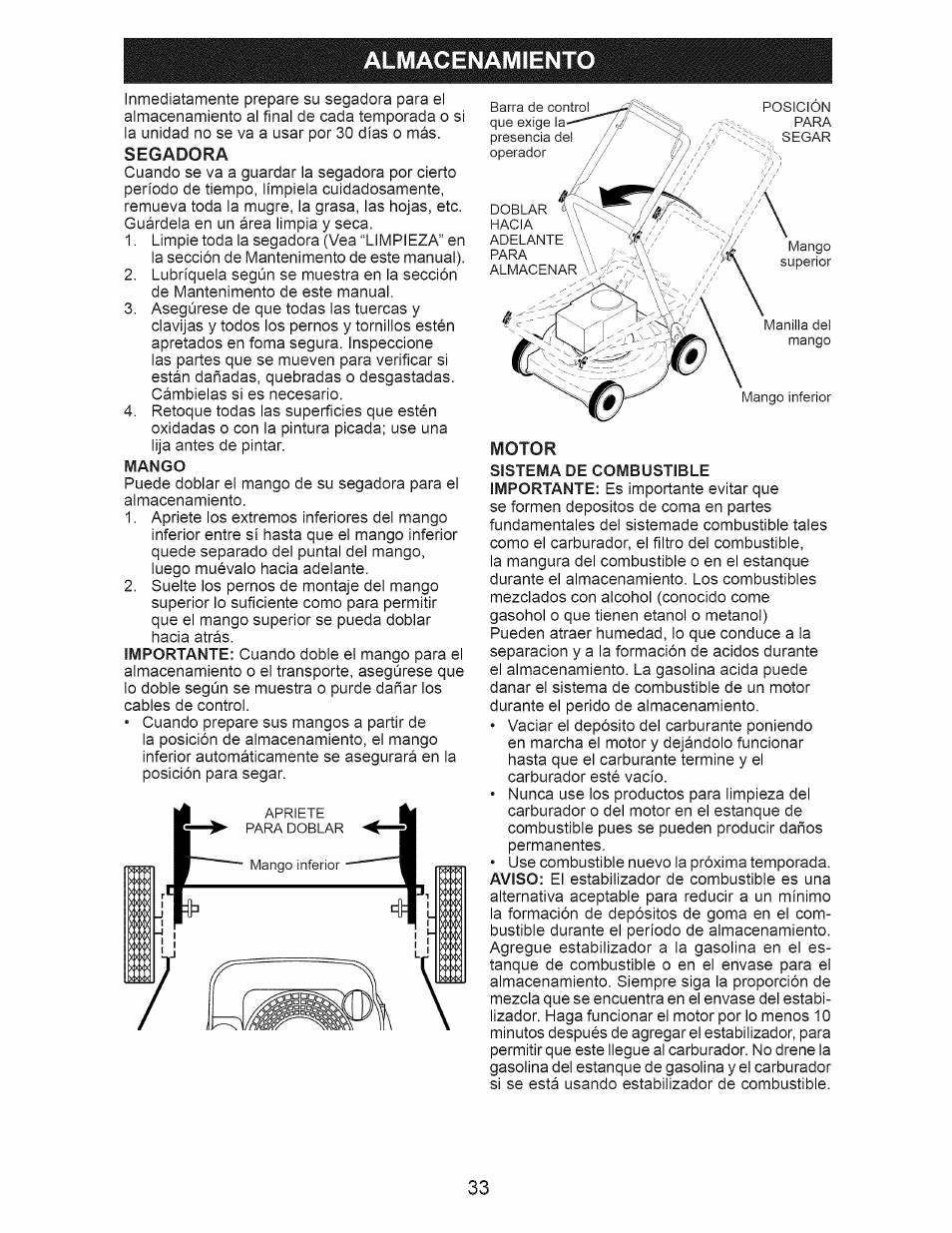 Almacenamiento, Segadora, Motor | Almacenamiento -34 | Craftsman 917.375013 User Manual | Page 33 / 48