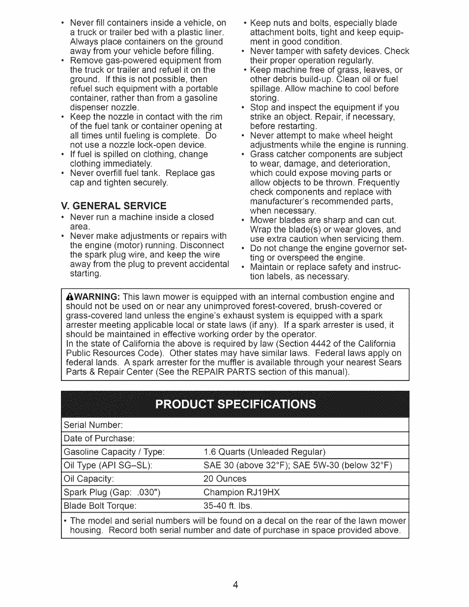 V. general service, Product specifications | Craftsman 917.375013 User Manual | Page 4 / 48