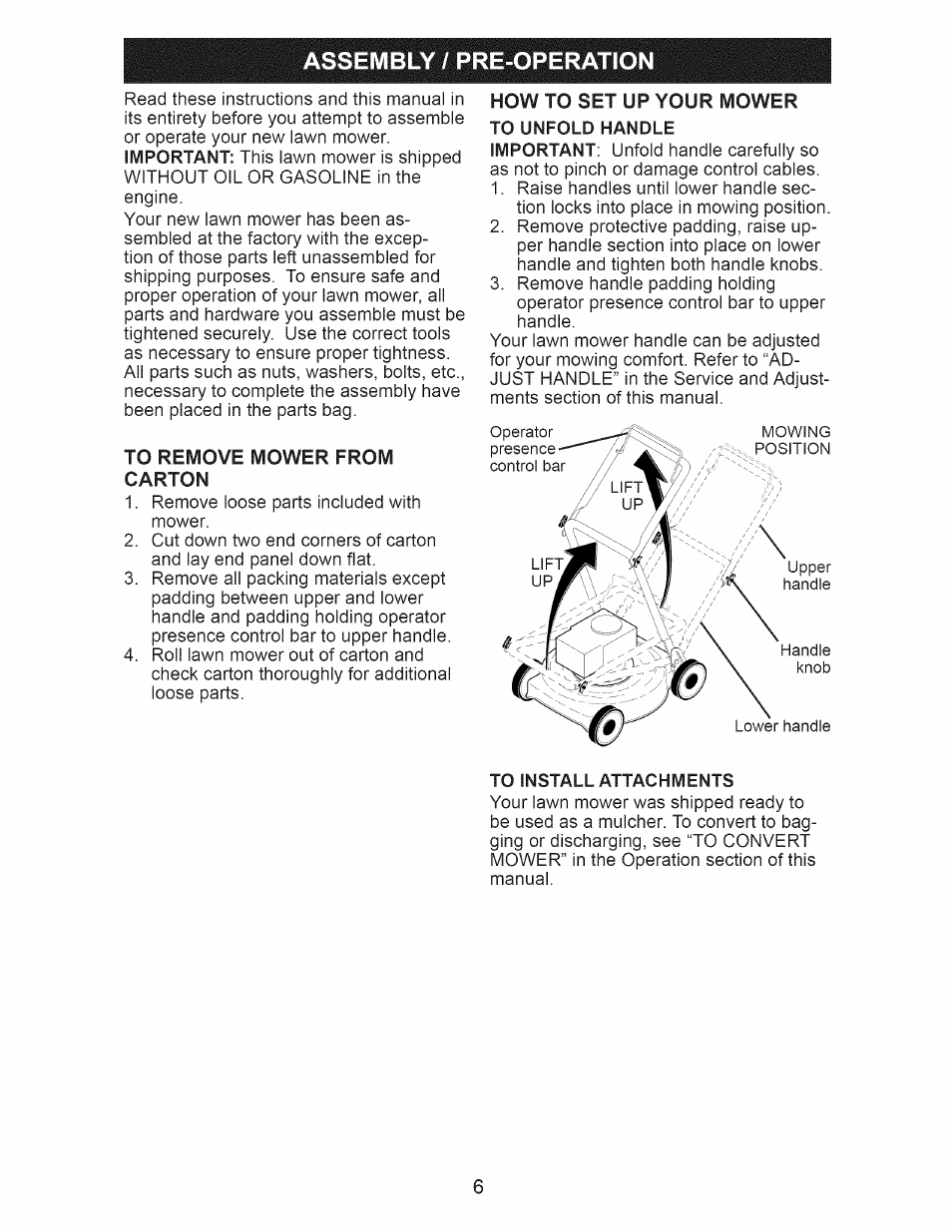 To remove mower from carton, To install attachments, Assembly / pre-operation | Craftsman 917.375013 User Manual | Page 6 / 48