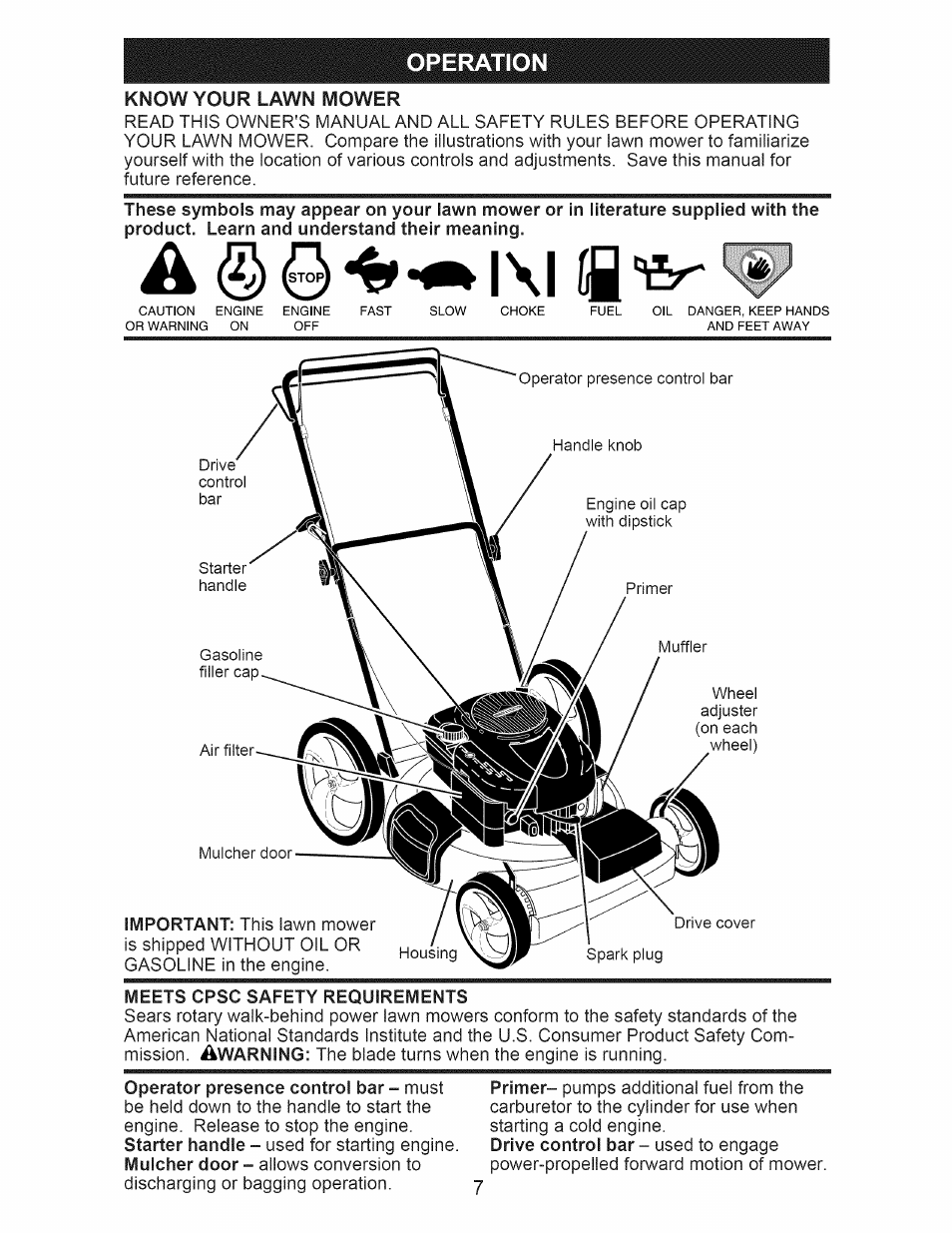 Meets cpsc safety requirements, Operation, Know your lawn mower | Craftsman 917.375013 User Manual | Page 7 / 48