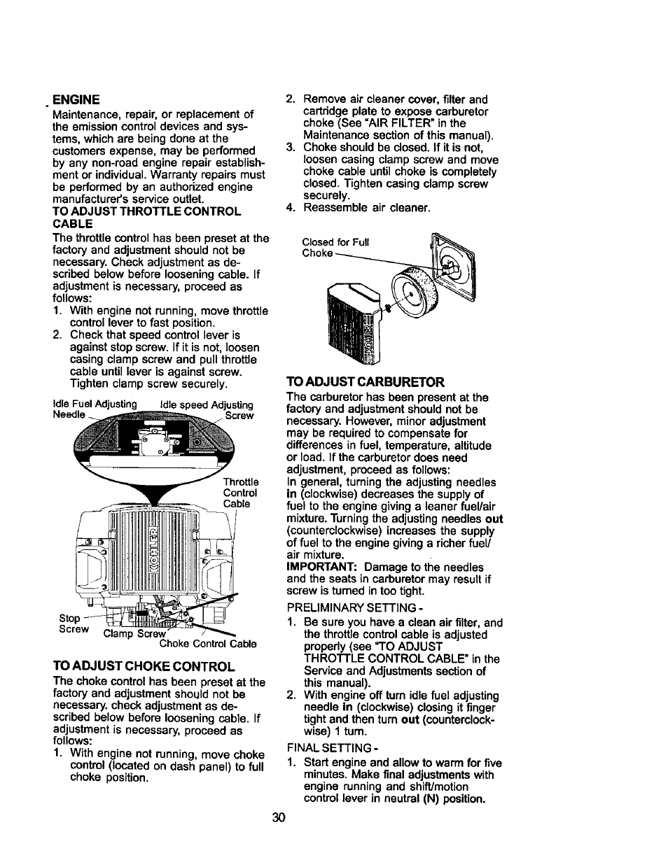 Engine, To adjust choke control, To adjust carburetor | Craftsman 917.275021 User Manual | Page 30 / 64