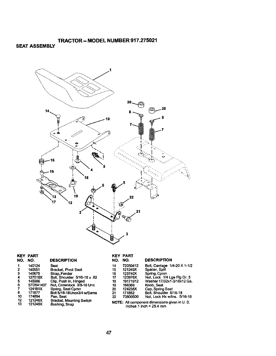 Seat assembly | Craftsman 917.275021 User Manual | Page 47 / 64