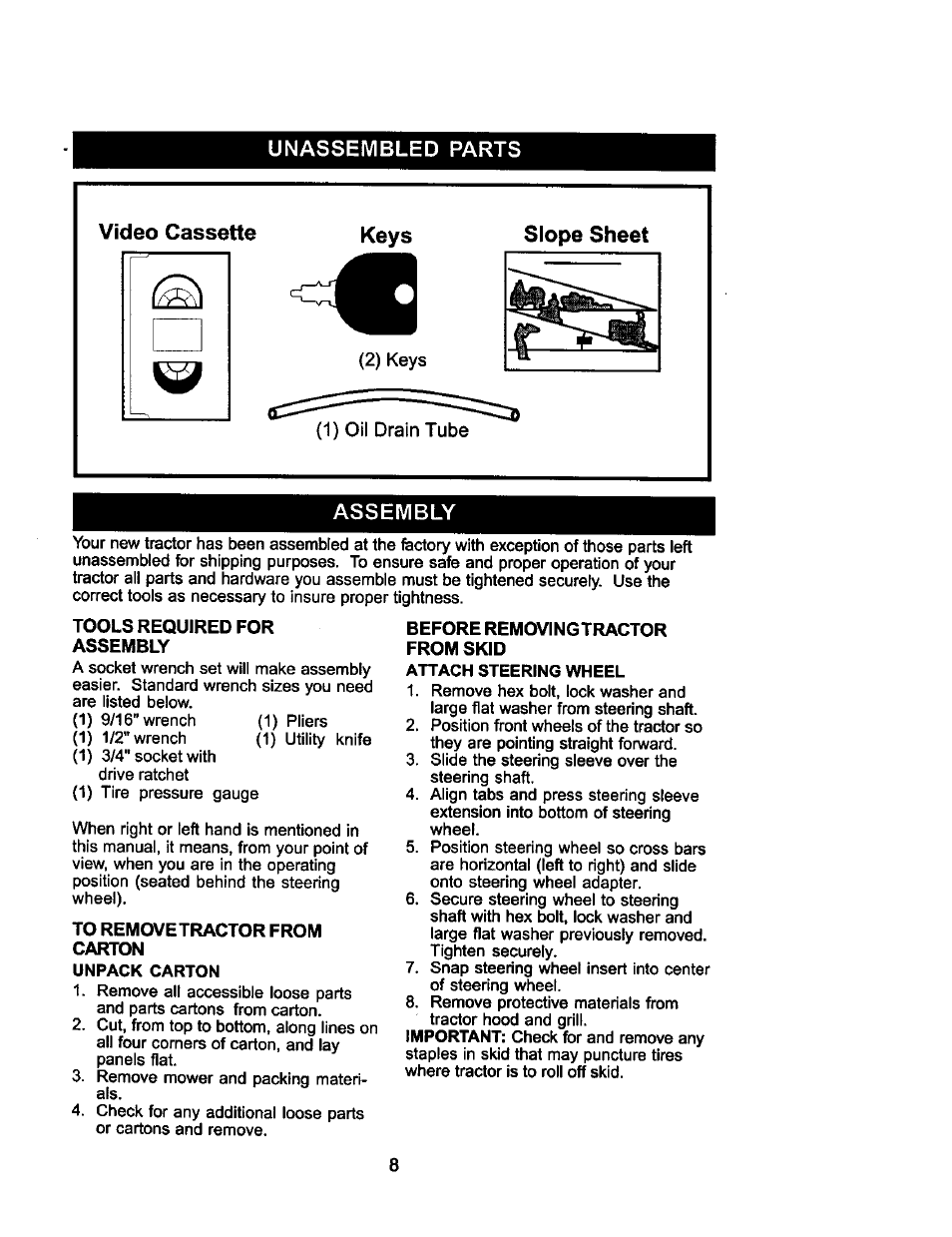 Video cassette, Keys, Slope sheet | 2) keys, 1) oil drain tube, Assembly, Video cassette keys slope sheet | Craftsman 917.275021 User Manual | Page 8 / 64