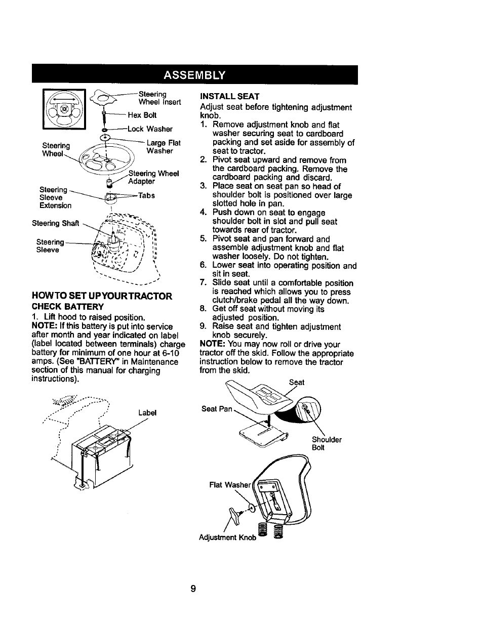 Assembly, Howto set upyourtractor check battery | Craftsman 917.275021 User Manual | Page 9 / 64