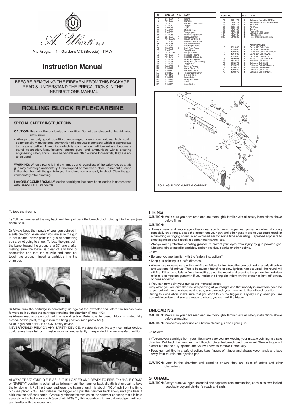 Uberti 1871 Rolling Block Carbine User Manual | 1 page
