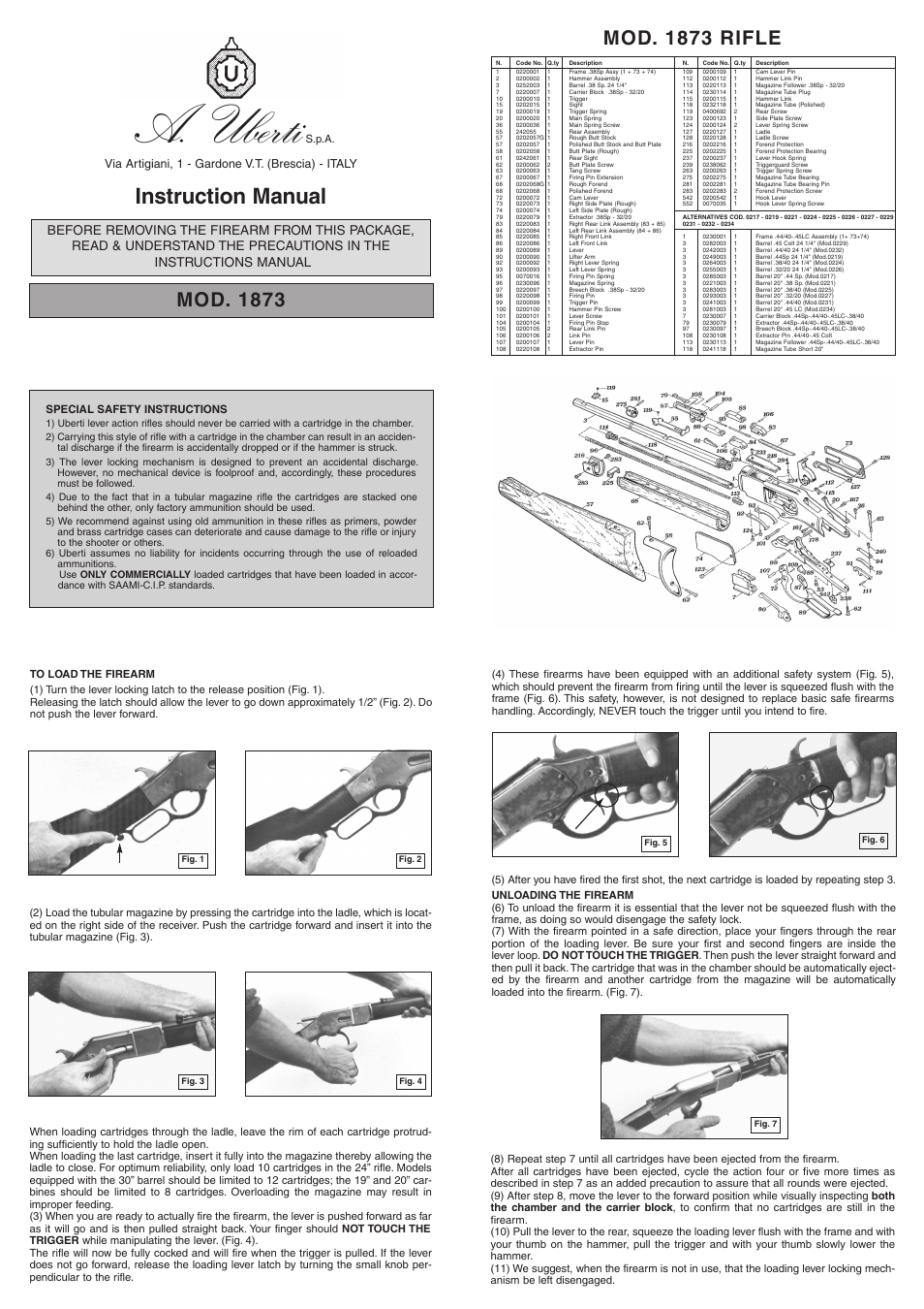 Uberti 1873 Special Sporting Rifle User Manual | 1 page