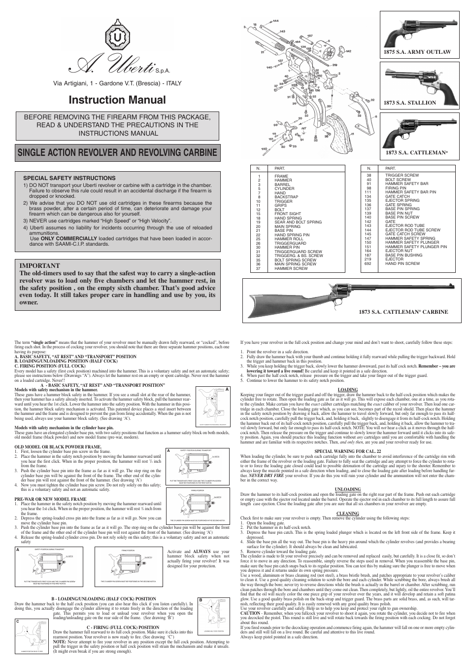 Uberti 1873 Single-Action Cattleman Revolvers User Manual | 1 page