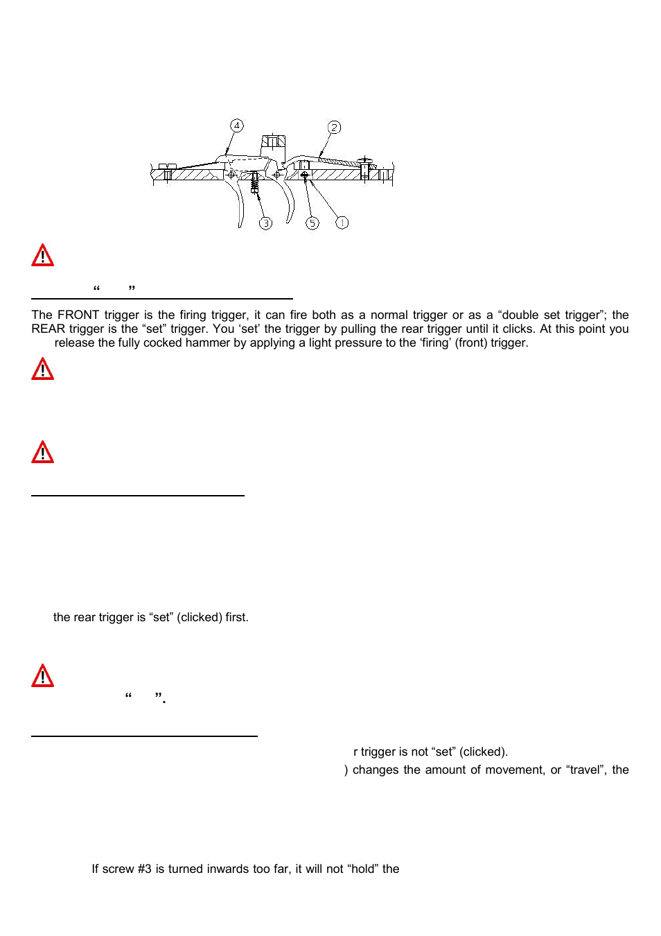 Double set trigger, Single, Trigger | Warning, Rear trigger adjustment, Front trigger adjustment | Uberti 1874 Sharps Rifle User Manual | Page 11 / 24