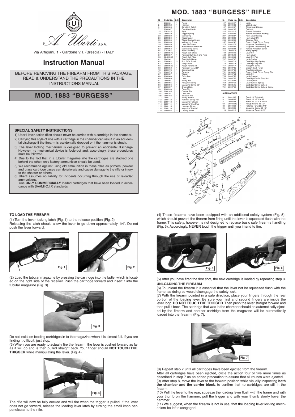 Uberti 1883 Burgess Rifle and Carbine User Manual | 1 page