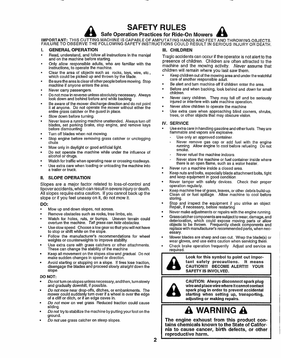 Safety rules, Safe operation practices for ride-on mowers, I. general operation | Ii. slope operation, Ш. children, Iv. service, Warning | Craftsman 917.258911 User Manual | Page 2 / 60