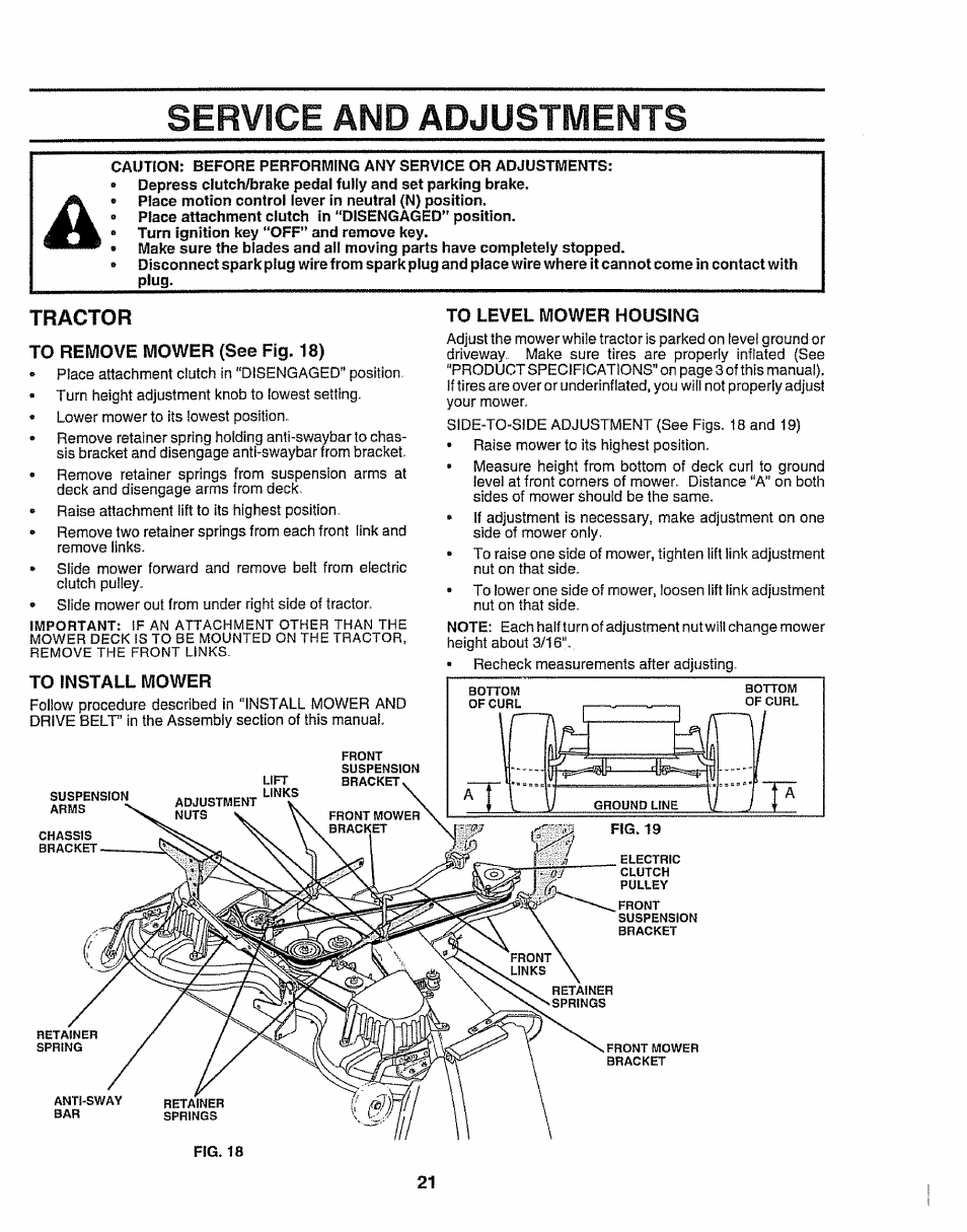 Tractor, To remove mower {see fig. 18), To level mower housing | Service and adjustments | Craftsman 917.258911 User Manual | Page 21 / 60