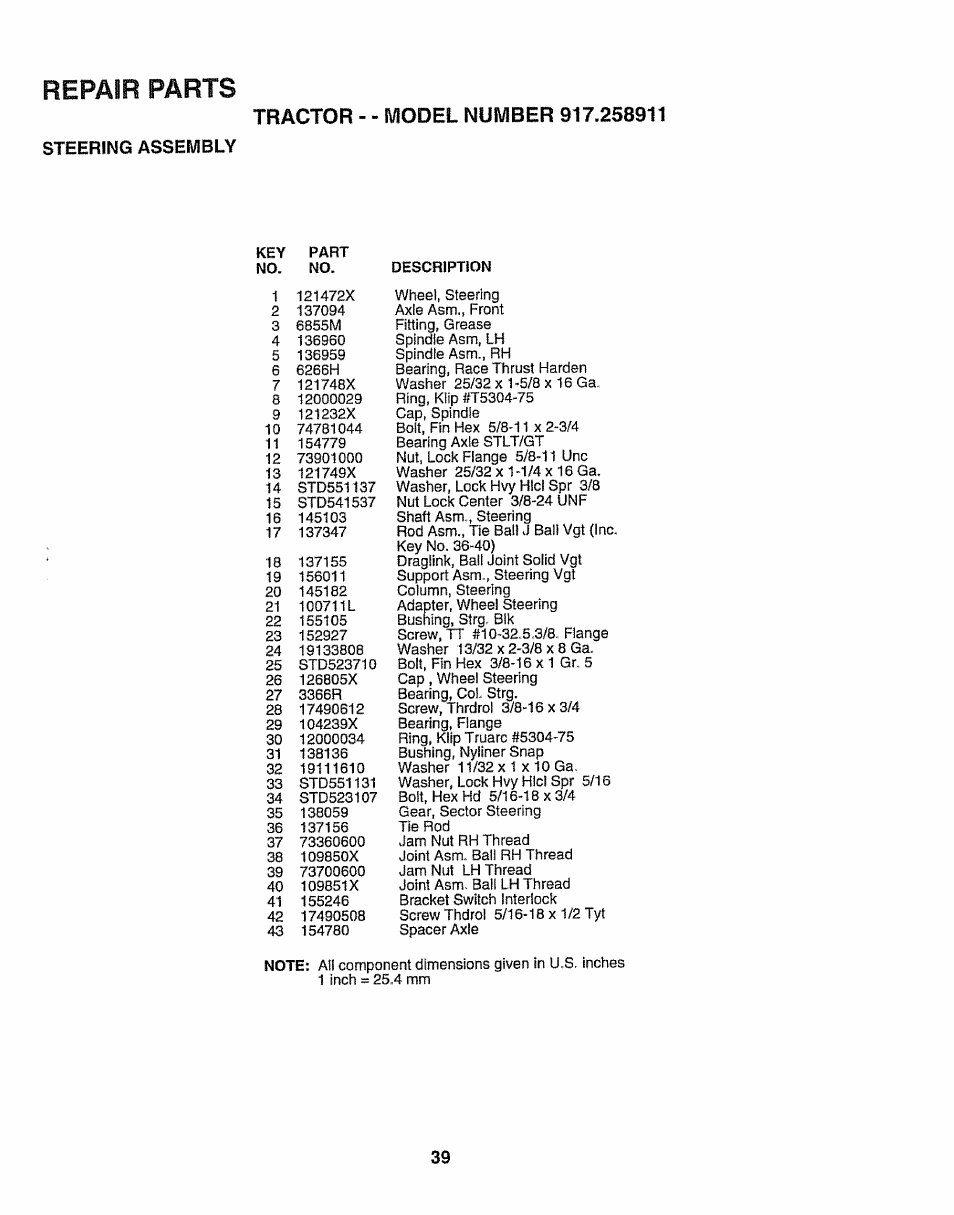 Steering assembly, Repair parts | Craftsman 917.258911 User Manual | Page 39 / 60