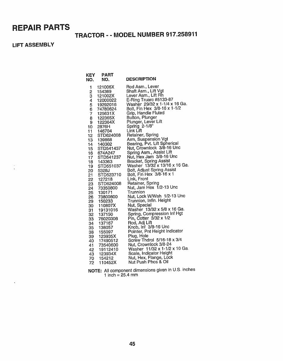 Lift assembly, Repair parts | Craftsman 917.258911 User Manual | Page 45 / 60