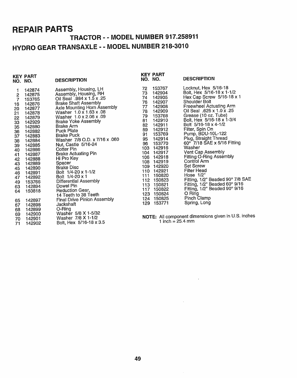 Repair parts | Craftsman 917.258911 User Manual | Page 49 / 60