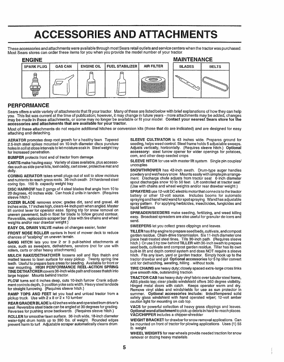 Accessories and attachments, Engine, Maintenance | Performance, Engine maintenance | Craftsman 917.258911 User Manual | Page 5 / 60