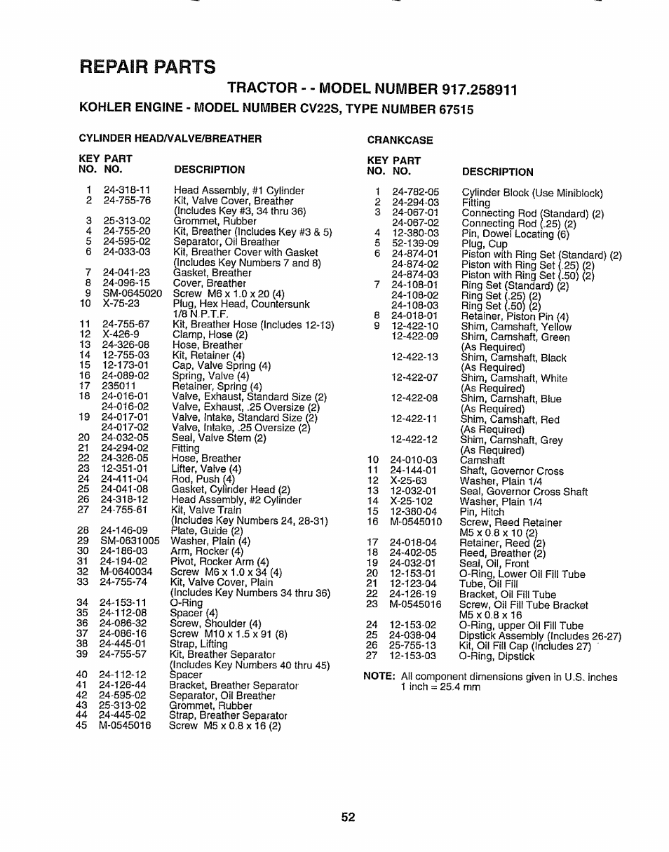 Repair parts | Craftsman 917.258911 User Manual | Page 52 / 60