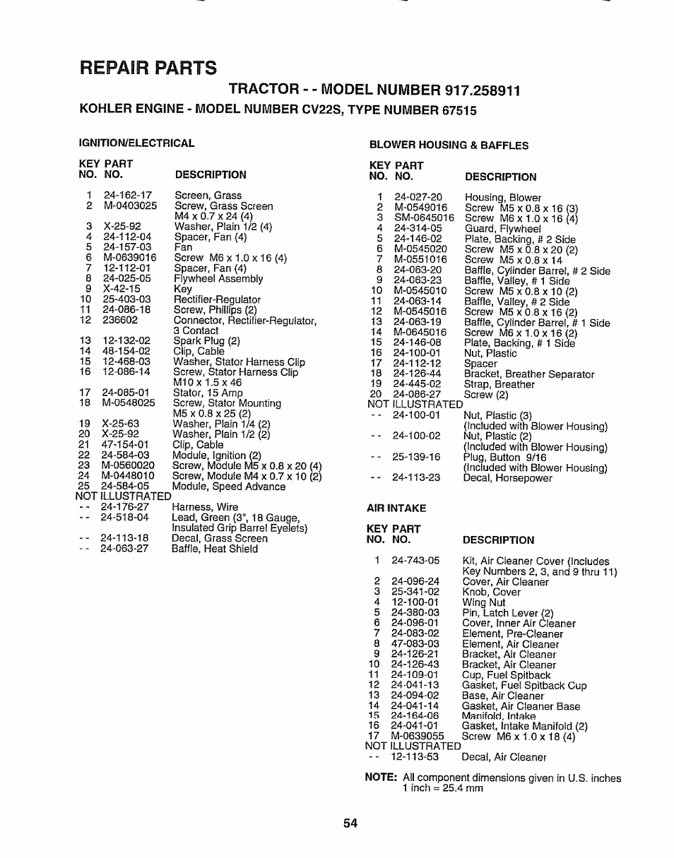 Repair parts | Craftsman 917.258911 User Manual | Page 54 / 60