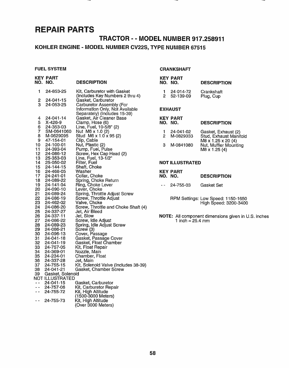 Repair parts | Craftsman 917.258911 User Manual | Page 58 / 60