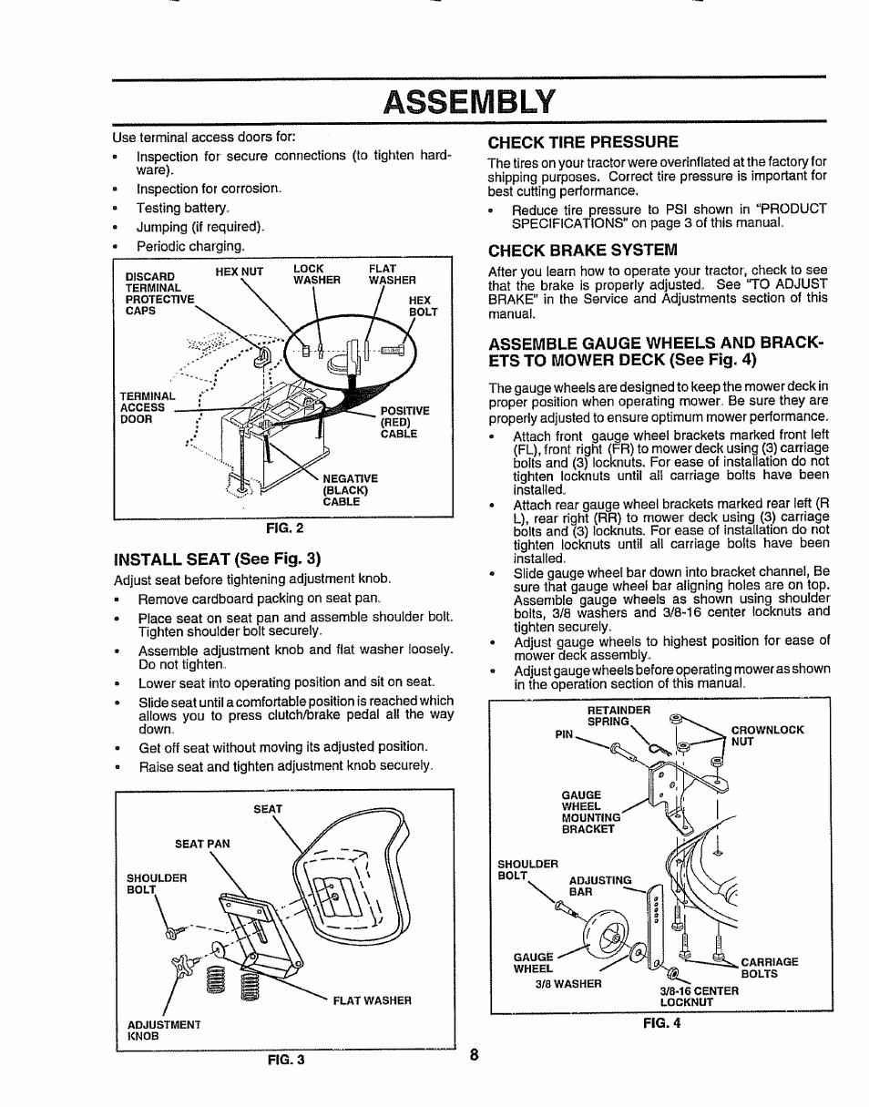 Install seat (see fig. 3), Check tire pressure, Check brake system | Assembly | Craftsman 917.258911 User Manual | Page 8 / 60