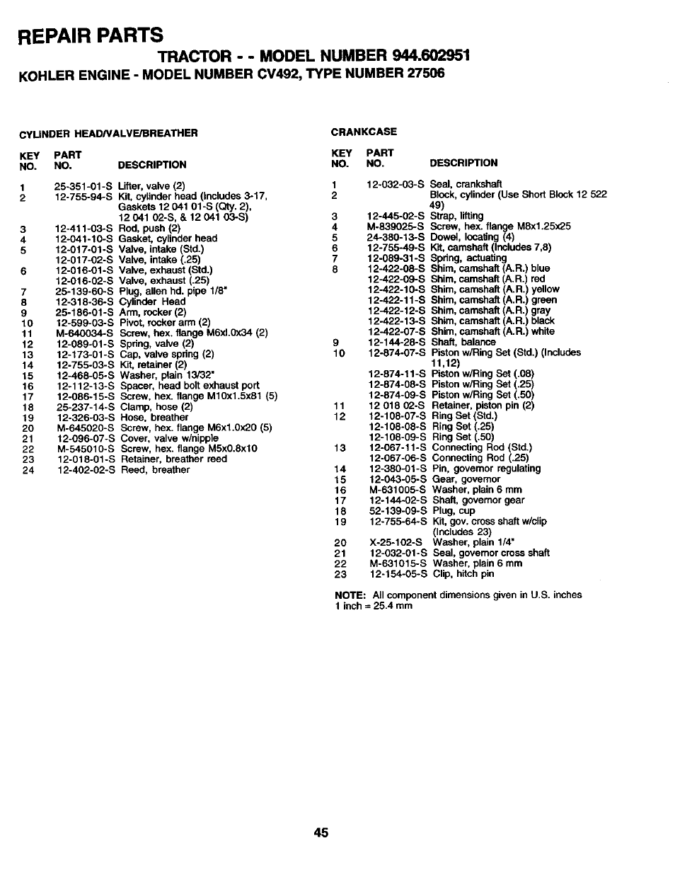 Repair parts | Craftsman 944.602951 User Manual | Page 45 / 56