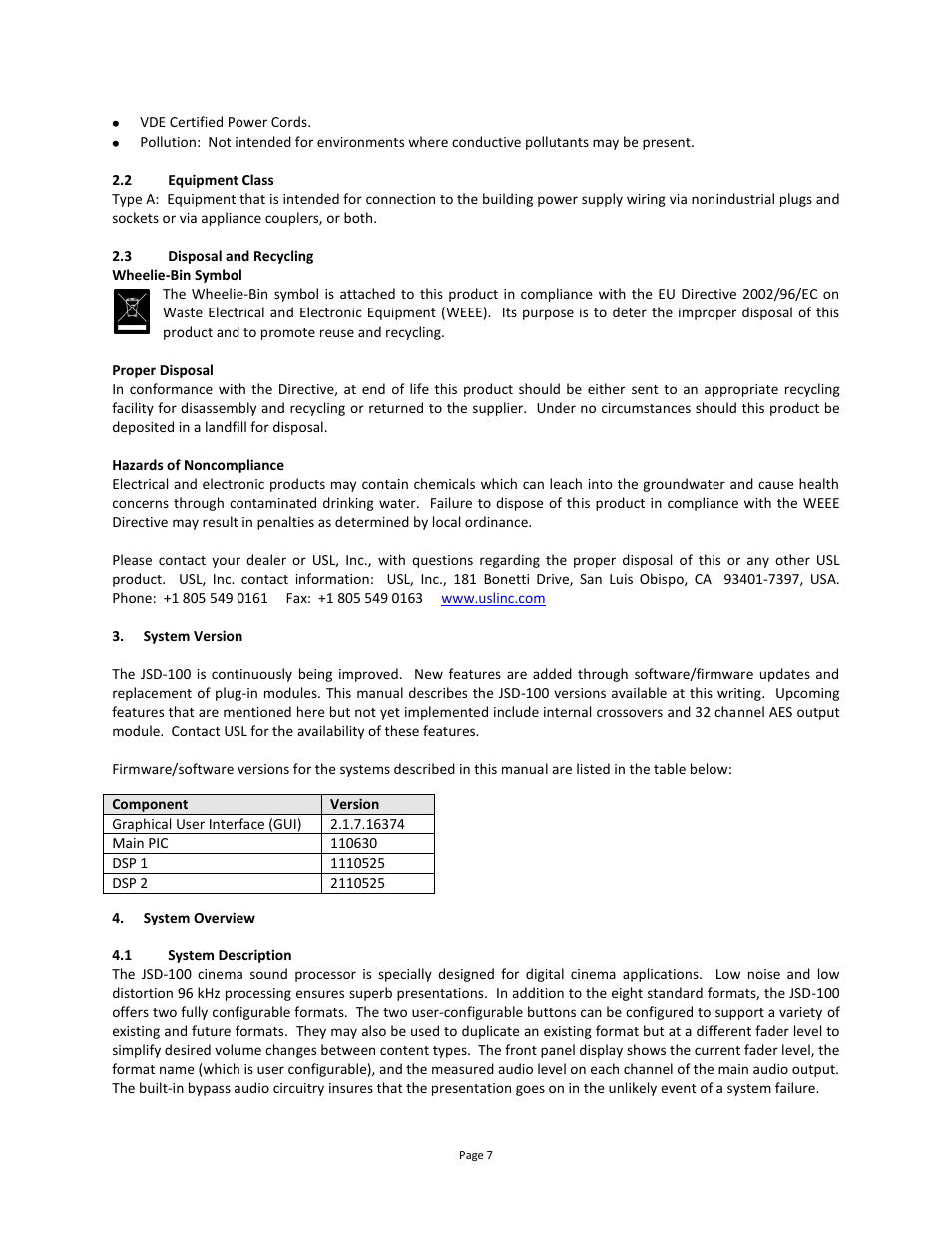 Equipment class, Disposal and recycling, System version | System overview, System description | USL JSD-100 Manual User Manual | Page 8 / 46