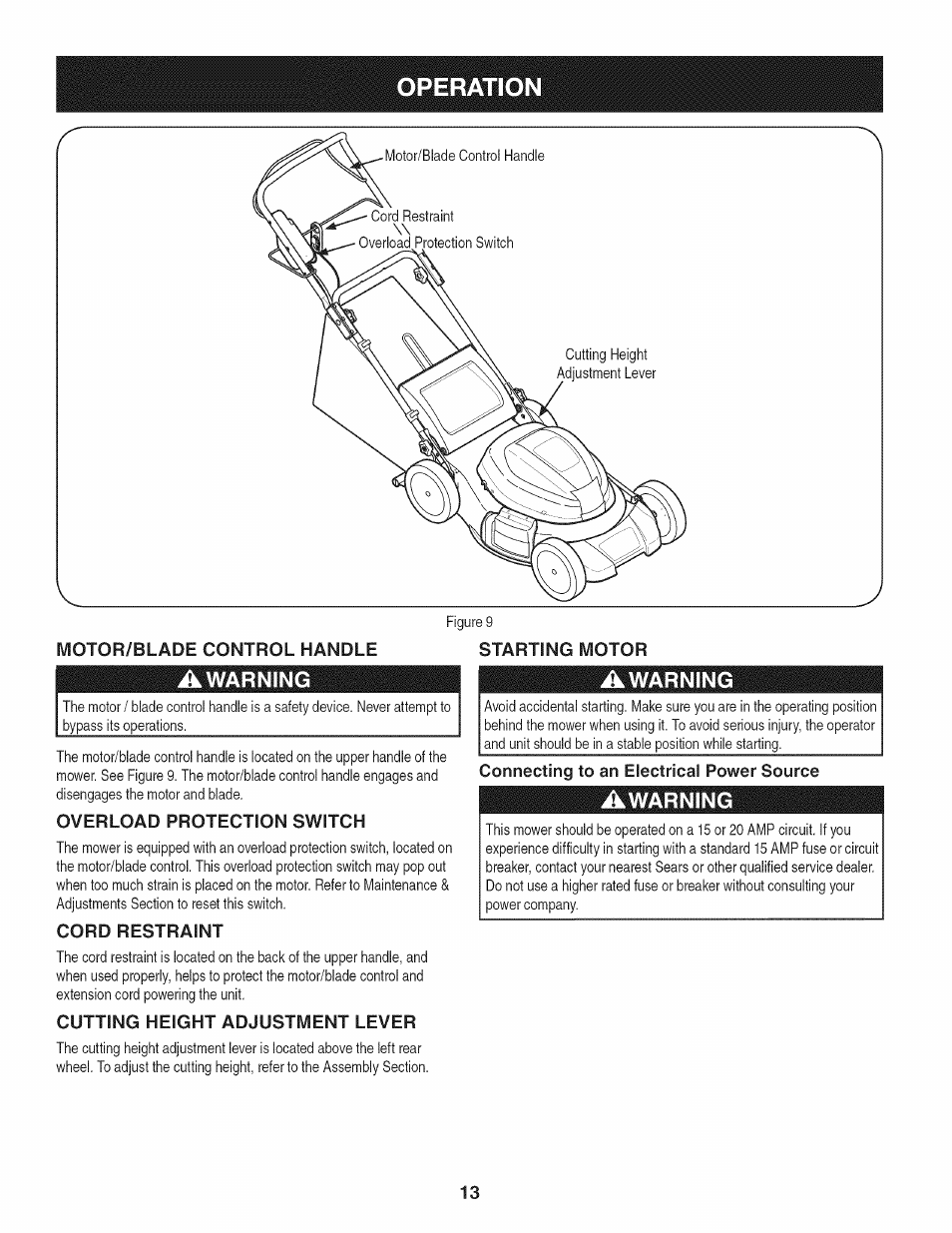 Operation, Overload protection switch, Cord restraint | Cutting height adjustment lever, Awarning, Connecting to an electrical power source | Craftsman 247.370160 User Manual | Page 13 / 44