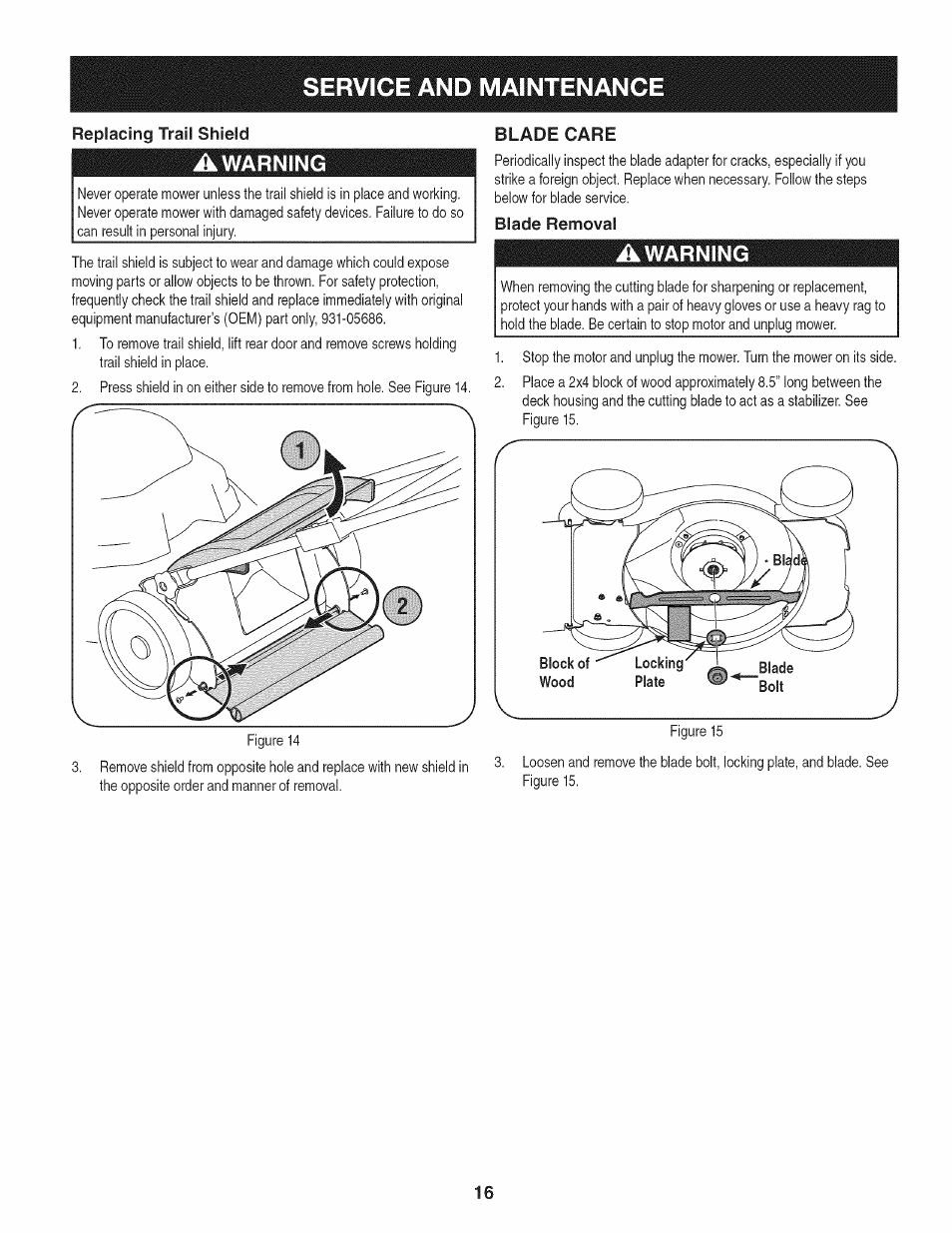 Replacing trail shield, Awarning, Blade care | Blade removal, Service and maintenanc i | Craftsman 247.370160 User Manual | Page 16 / 44