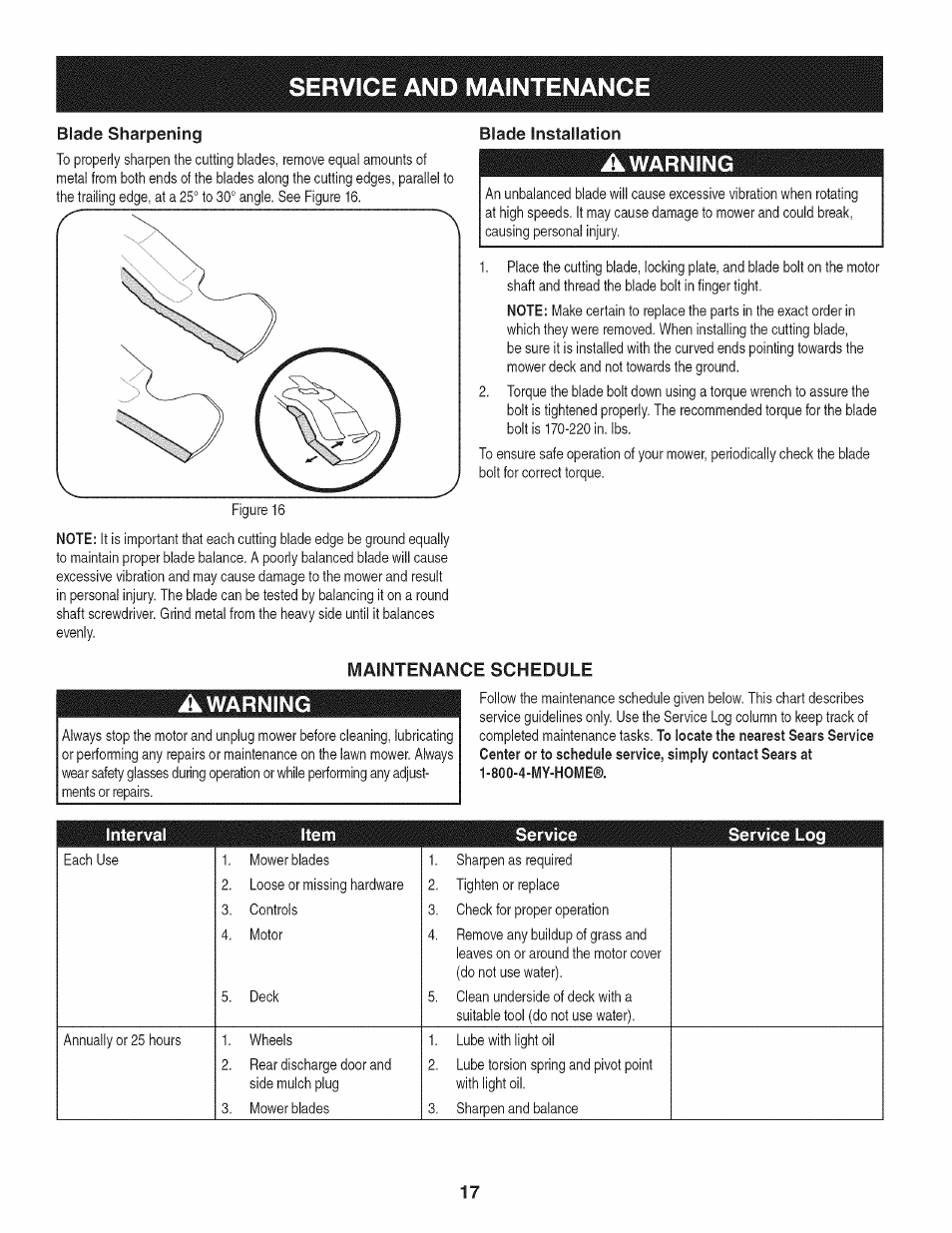 Blade sharpening, Blade installation, Awarning | Maintenance schedule, Service and maintenance | Craftsman 247.370160 User Manual | Page 17 / 44