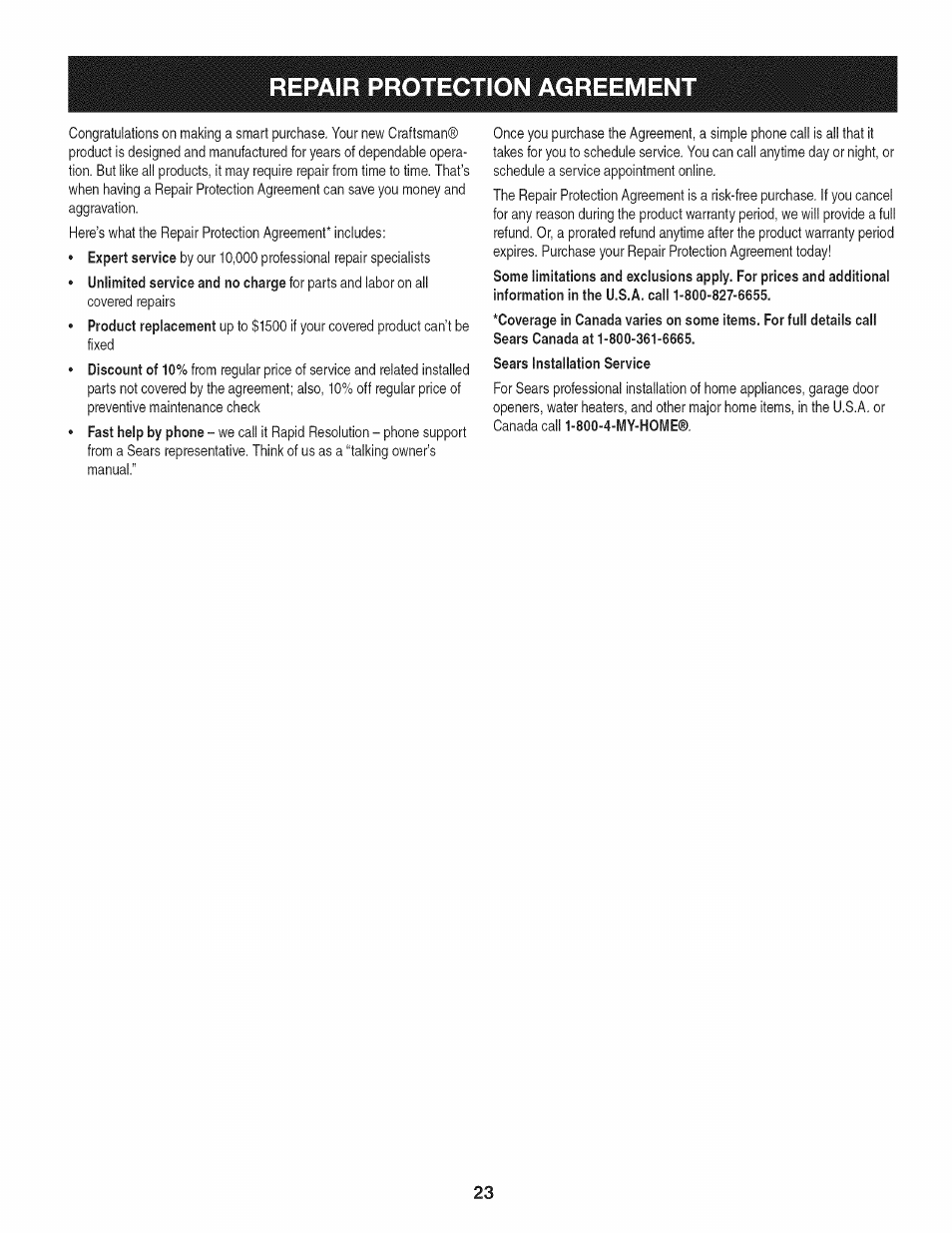 Repair protection agreement | Craftsman 247.370160 User Manual | Page 23 / 44